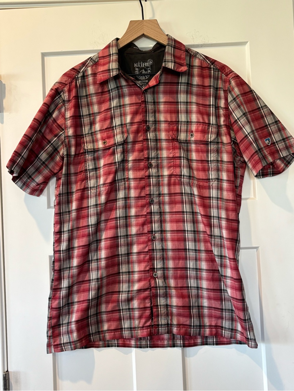 Kuhl Men’s Eluxur Red Plaid Short-Sleeve Button-Down Shirt Polyester M